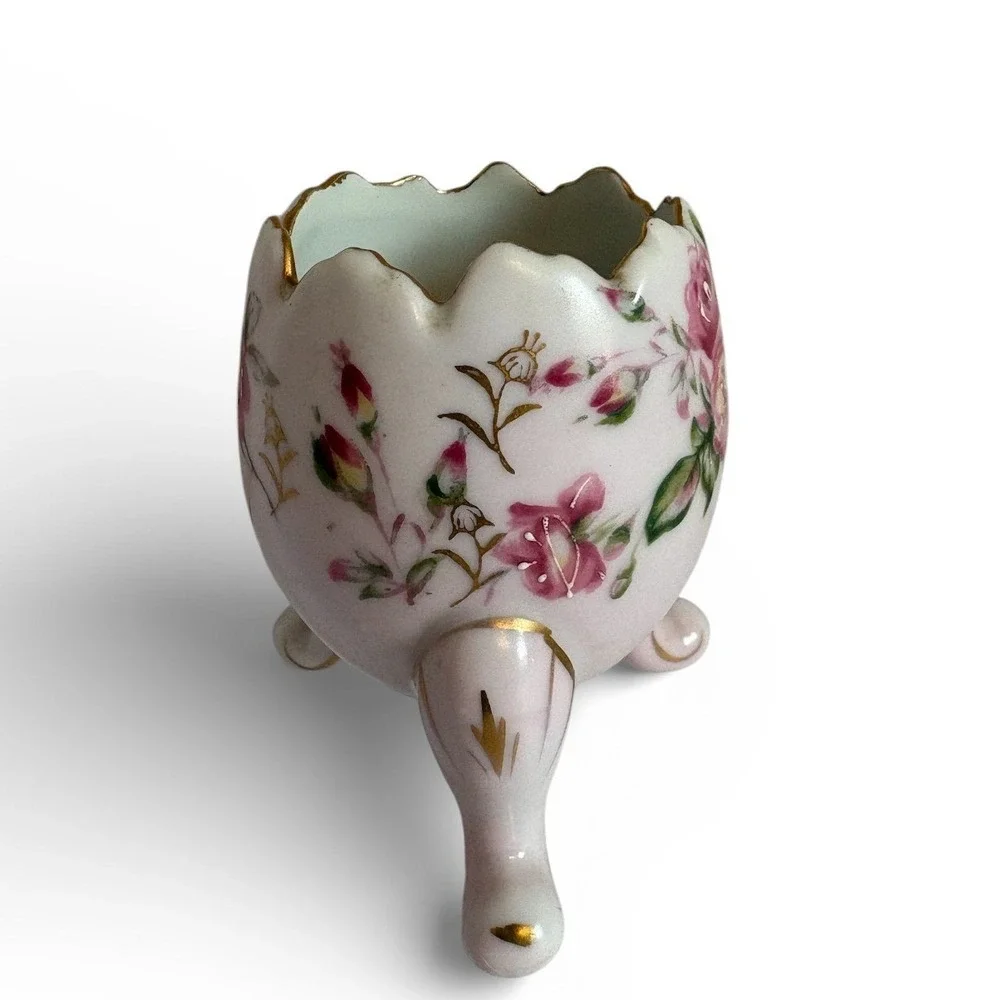 Vintage Fine Quality Japan Porcelain Floral Egg Vase Pink Rose Gold Gilt Tripod‎